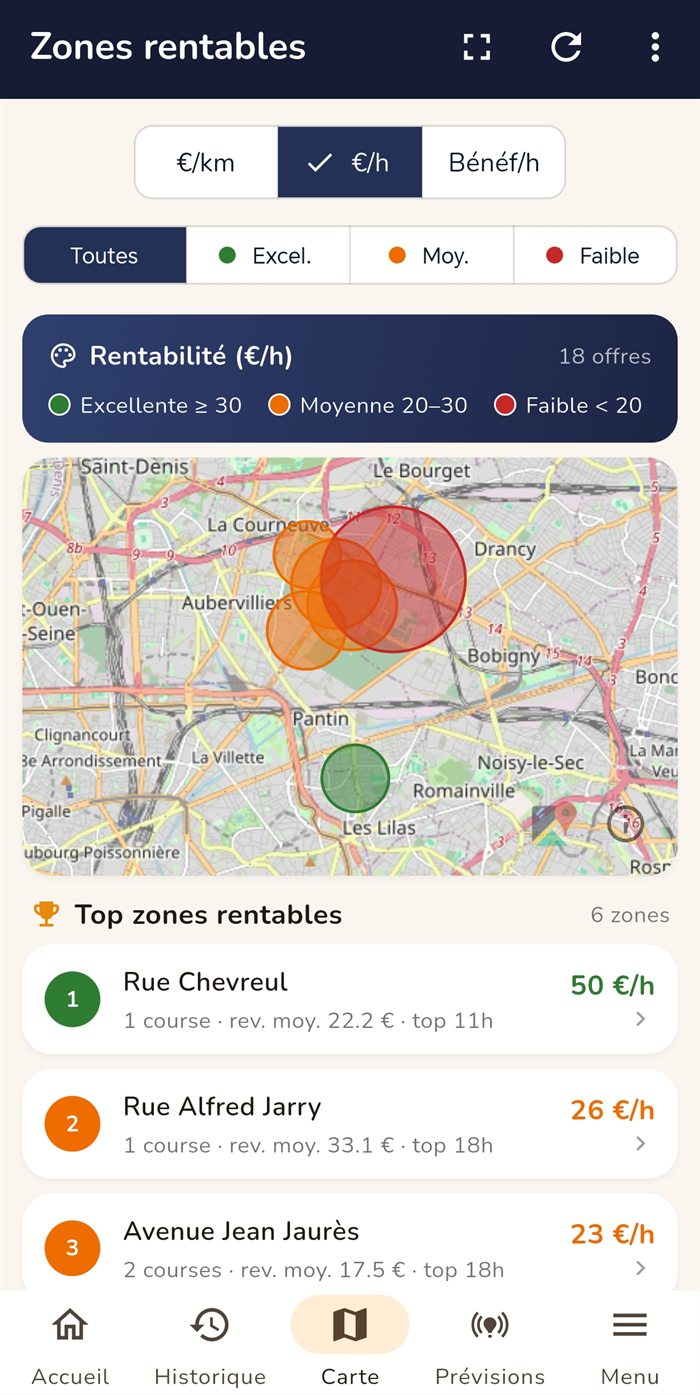 Écran Zones rentables : carte avec zones de chaleur et classement des meilleures zones en euros par heure