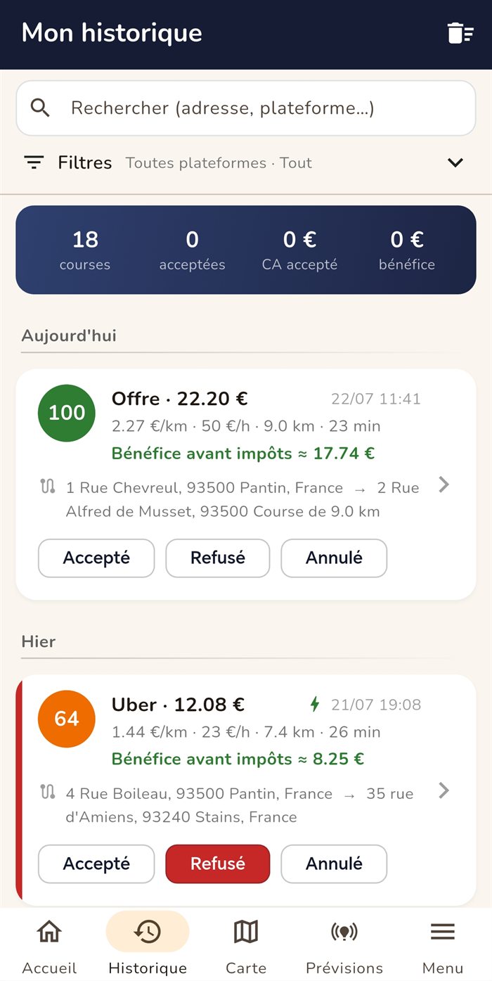 Écran Mon historique : chaque course notée sur 100, avec le bénéfice avant impôts et les boutons accepté / refusé
