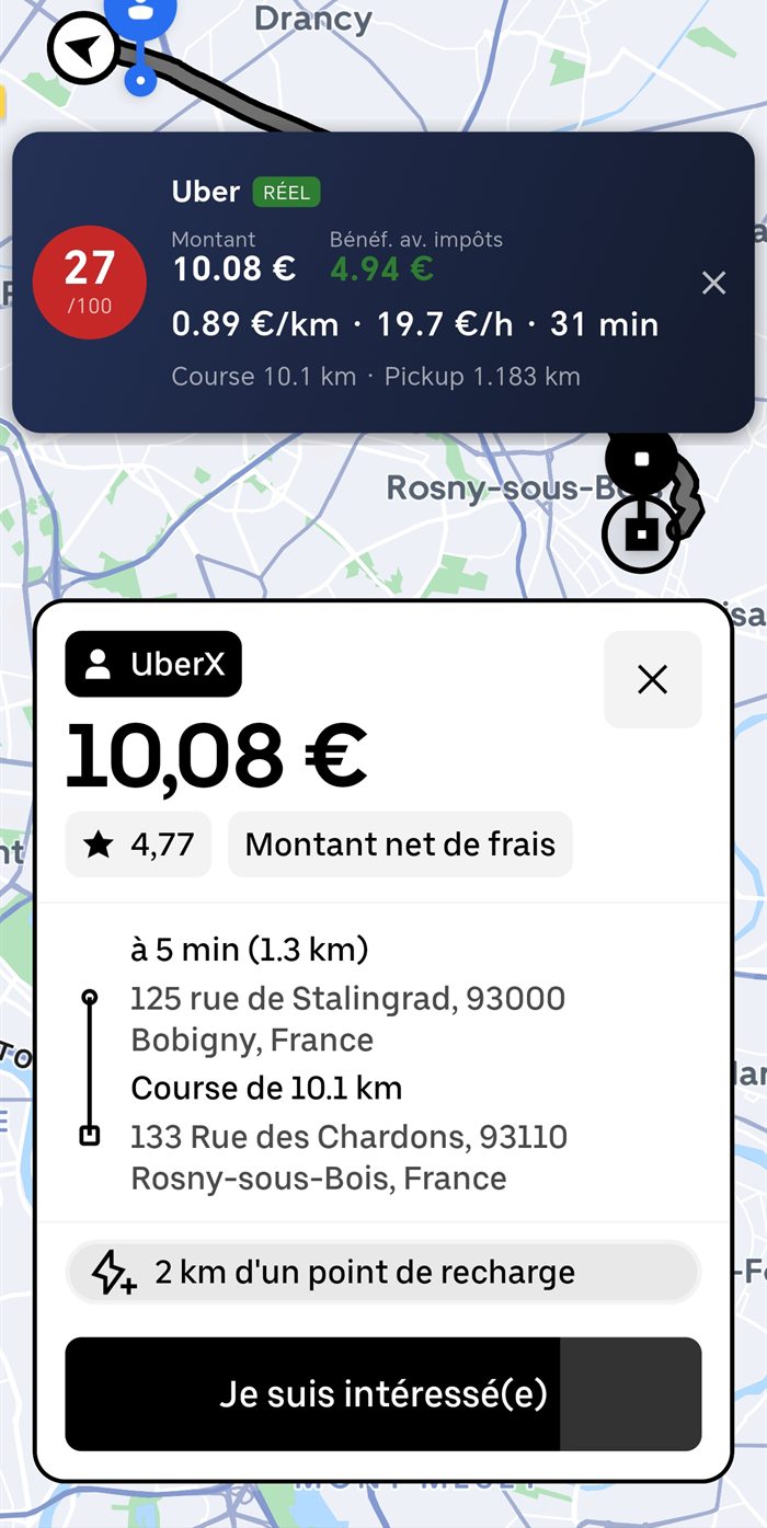 La bulle Farola posée par-dessus une offre Uber : score 27 sur 100 en rouge, 10,08 € pour 0,89 €/km et 19,7 €/h sur 31 minutes – la course n'est pas rentable